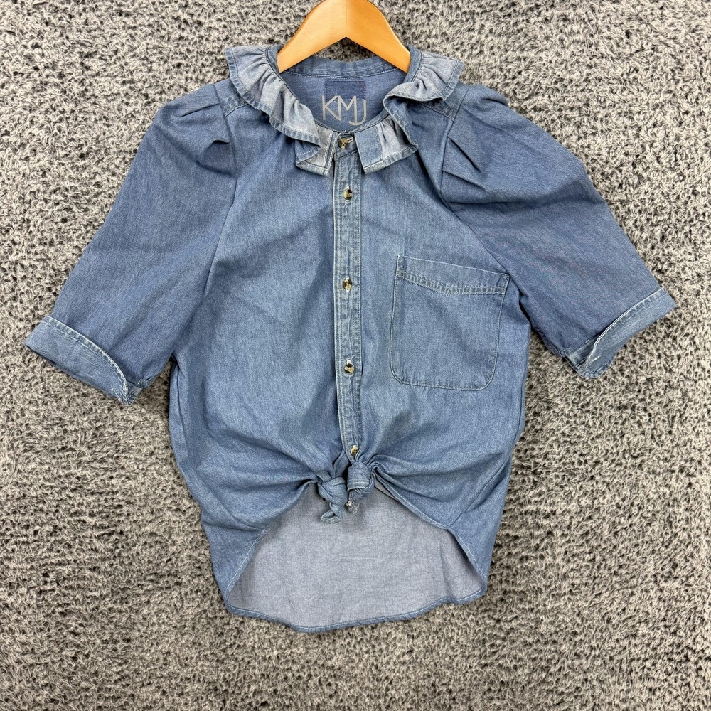 KMJ Kate McHale Jensen Shirt Womens Small Blue Denim Ruffle Collar Puff Sleeve